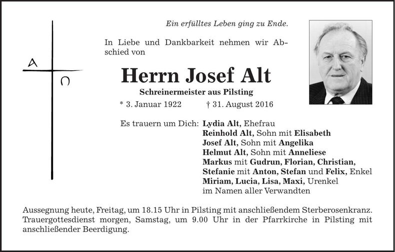Traueranzeige Josef Alt