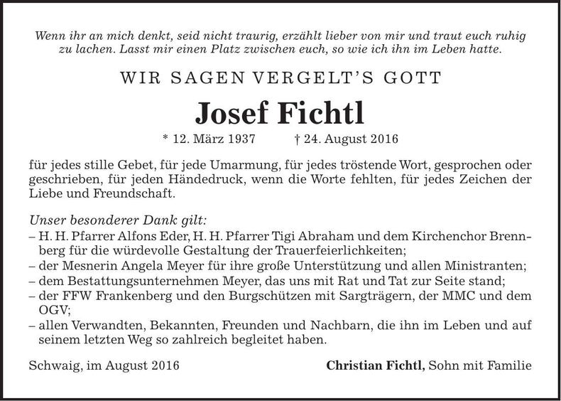 Traueranzeige Josef Fichtl
