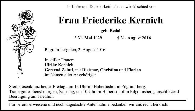 Traueranzeige Friederika Kernich
