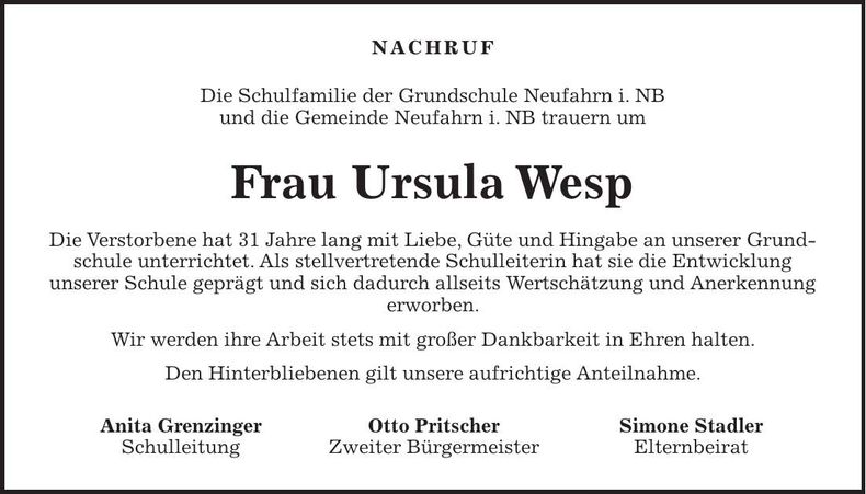 Traueranzeige Ursula Wesp