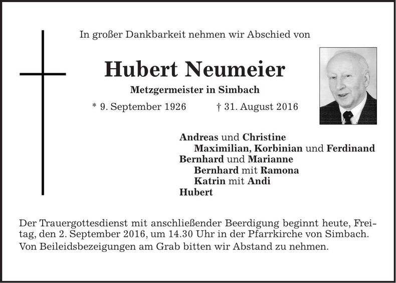 Traueranzeige Hubert Neumeier