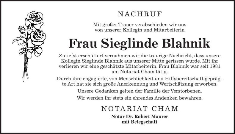 Traueranzeige Sieglinde Blahnik