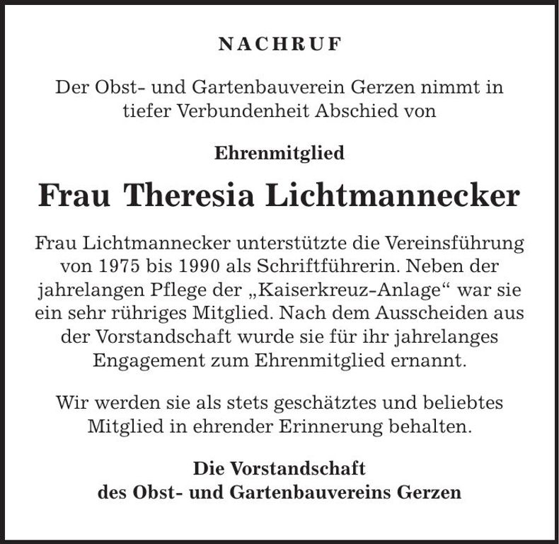 Traueranzeige Theresia Lichmannecker