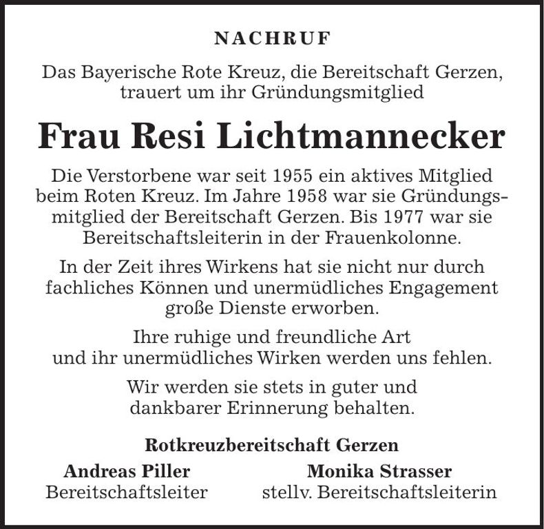 Traueranzeige Resi Lichtmannecker