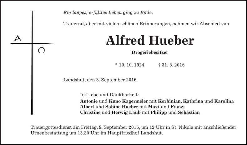Traueranzeige Alfred Hueber