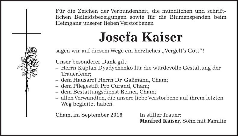 Traueranzeige Josefa Kaiser