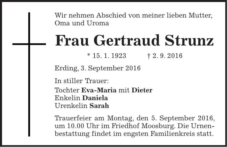 Traueranzeige Gertraud Strunz
