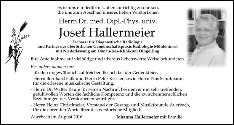 Traueranzeige Josef Hallermeier