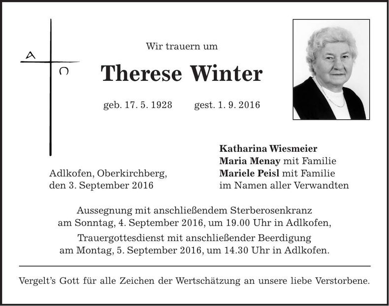 Traueranzeige Therese Winter