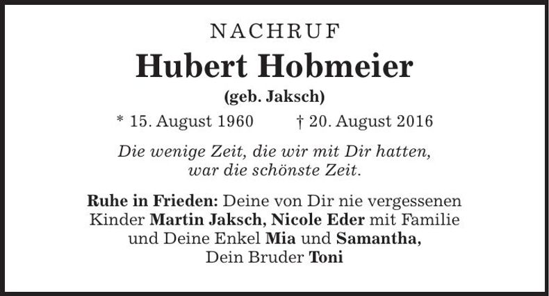 Traueranzeige Hubert Hobmeier