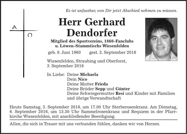 Traueranzeige Gerhard Dendorfer