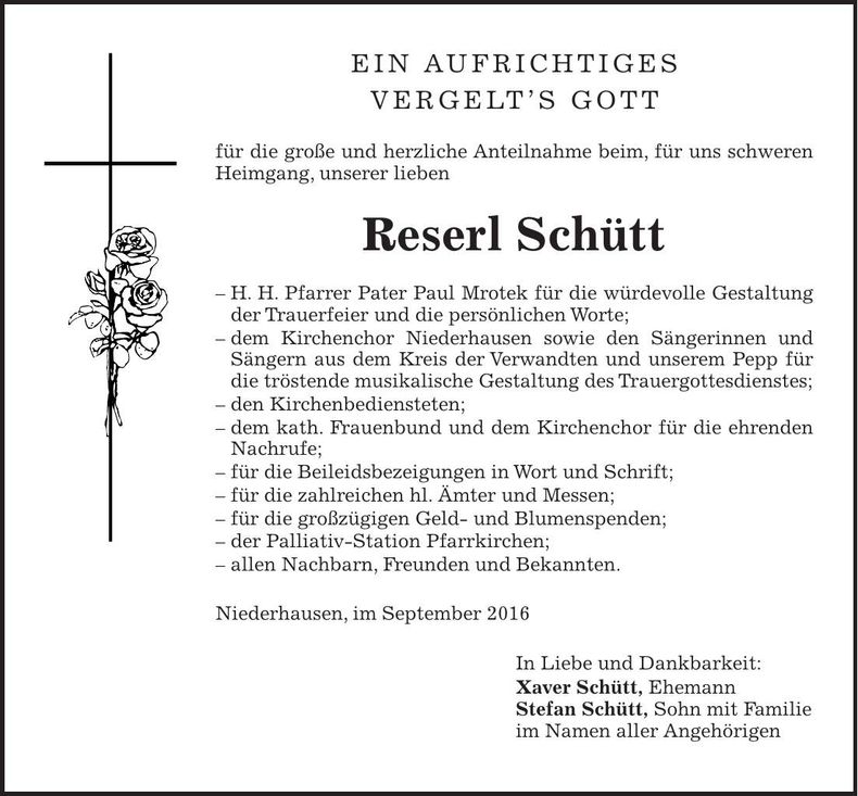 Traueranzeige Reserl Schütt