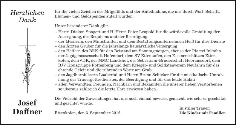 Traueranzeige Josef Daffner