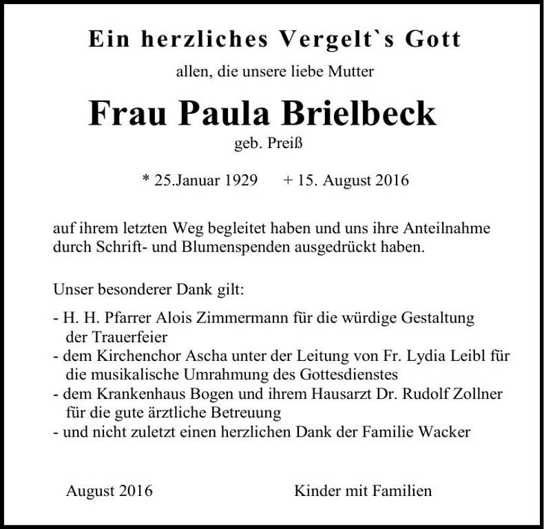 Traueranzeige Paula Brielbeck