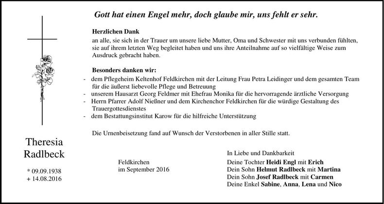 Traueranzeige Theresia Radlbeck