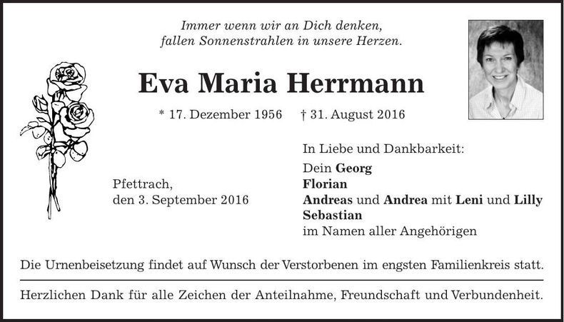 Traueranzeige Eva Maria Herrmann