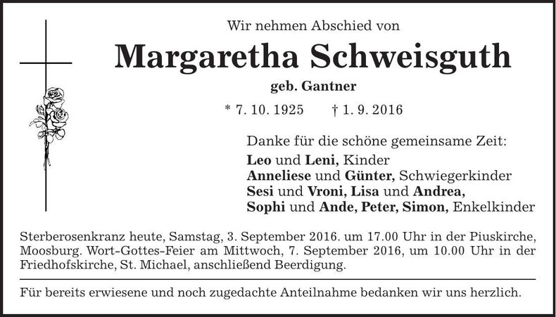 Traueranzeige Margaretha Schweisguth