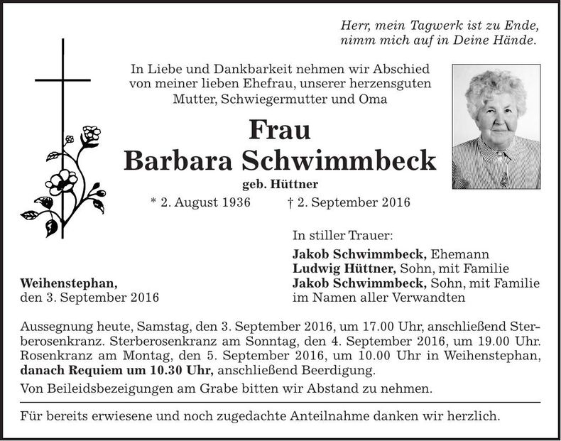 Traueranzeige Barbara Schwimmbeck