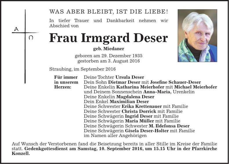 Traueranzeige Irmgard Deser