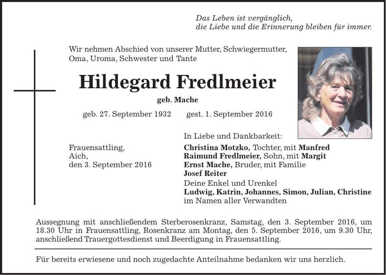 Traueranzeige Hildegard Fredlmeier