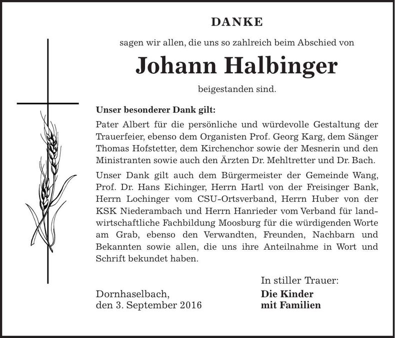 Traueranzeige Johann Halbinger