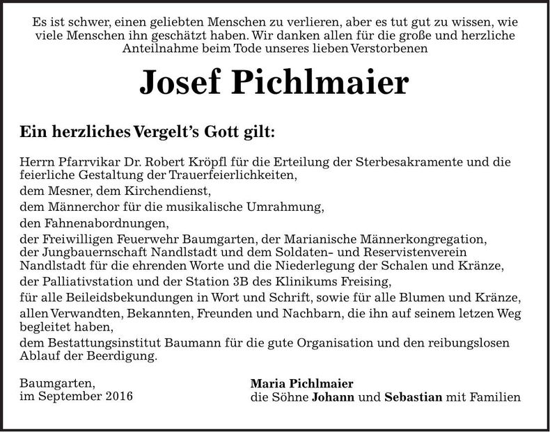 Traueranzeige Josef Pichlmaier