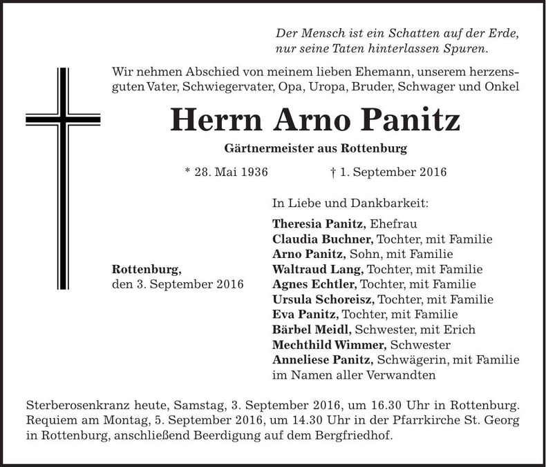 Traueranzeige Arno Panitz