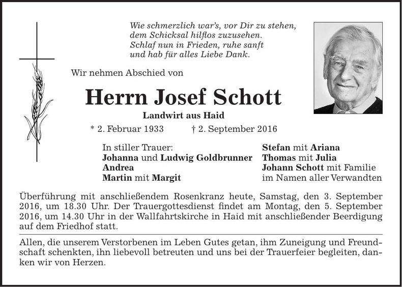 Traueranzeige Josef Schott