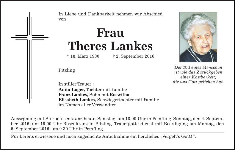 Traueranzeige Theres Lankes