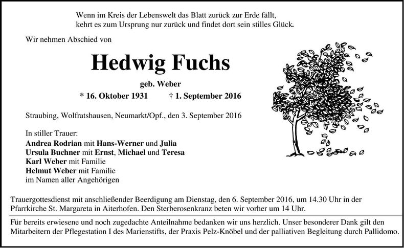 Traueranzeige Hedwig Fuchs
