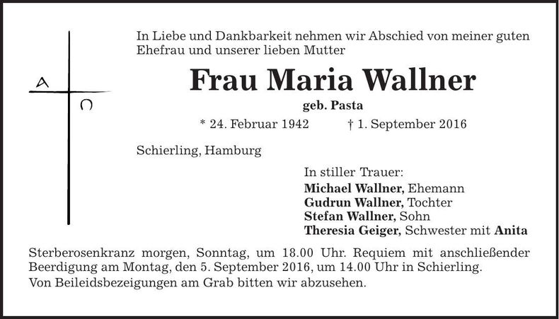 Traueranzeige Maria Wallner