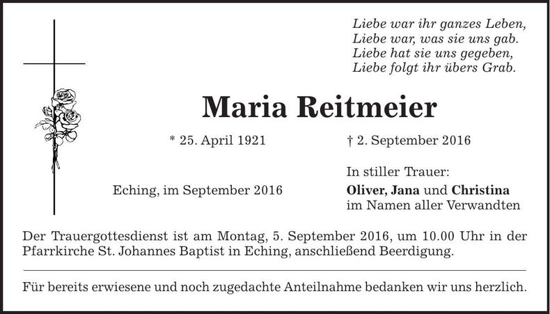 Traueranzeige Maria Reitmeier