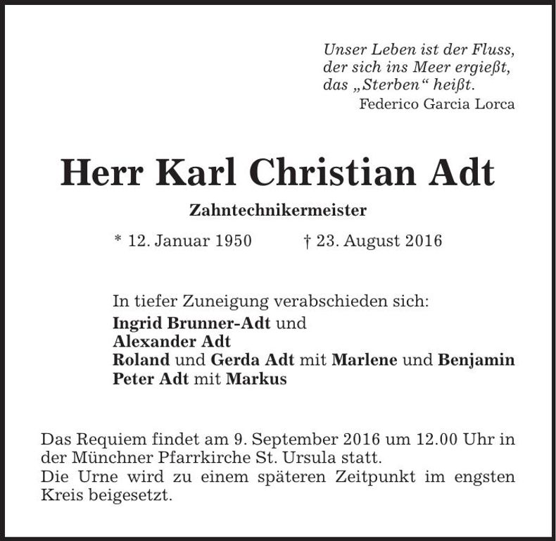 Traueranzeige Karl Christian Adt