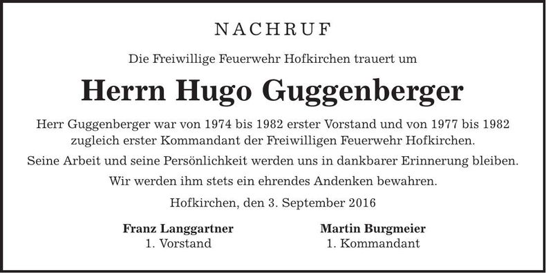 Traueranzeige Hugo Guggenberger