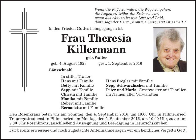 Traueranzeige Theresia Killermann
