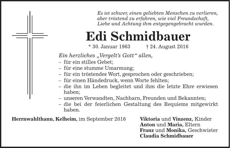 Traueranzeige Edi Schmidbauer