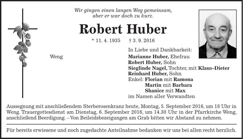 Traueranzeige Robert Huber