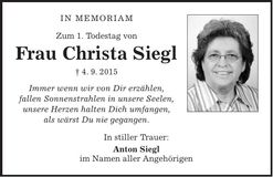Traueranzeige Christa Siegl