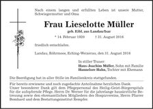Traueranzeige Lieselotte Müller