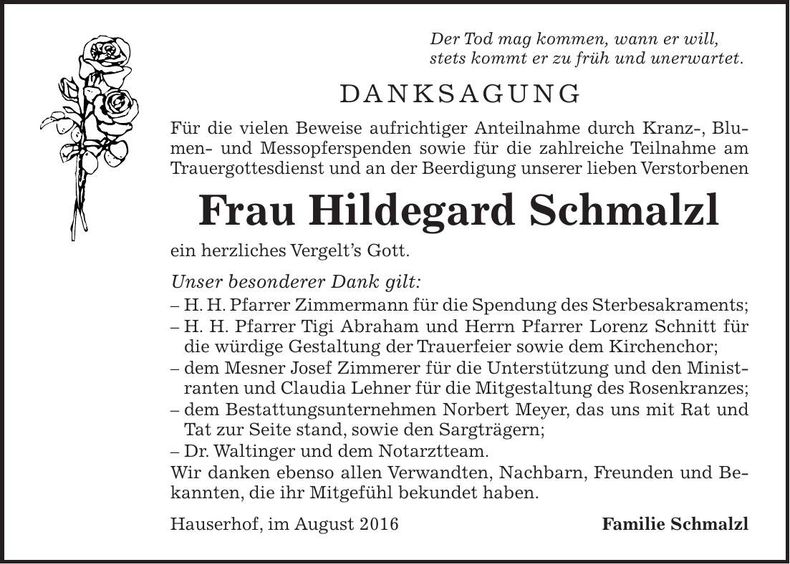 Traueranzeige Hildegard Schmalzl