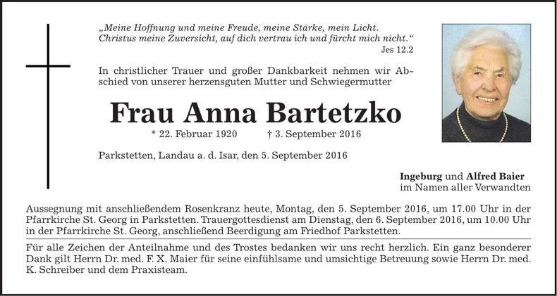 Traueranzeige Anna Bartetzko
