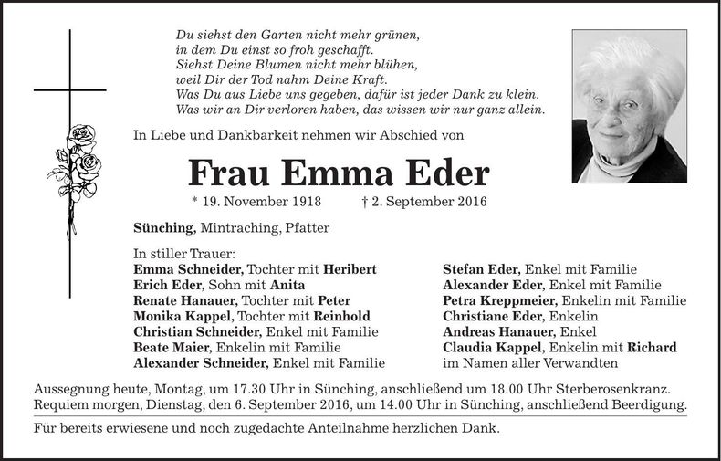 Traueranzeige Emma Eder