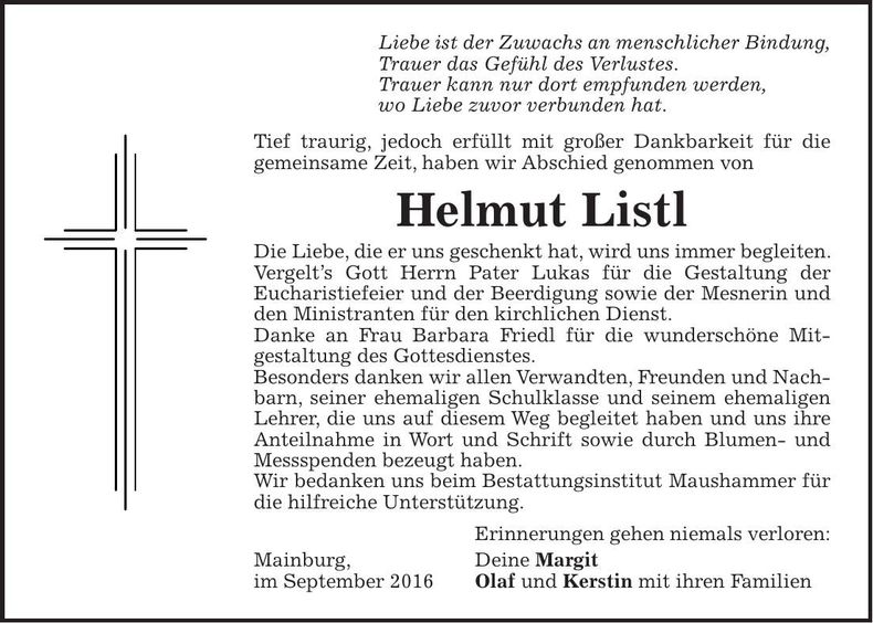 Traueranzeige Helmut Listl