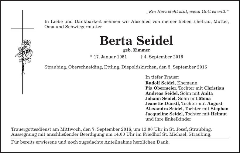 Traueranzeige Berta Seidel