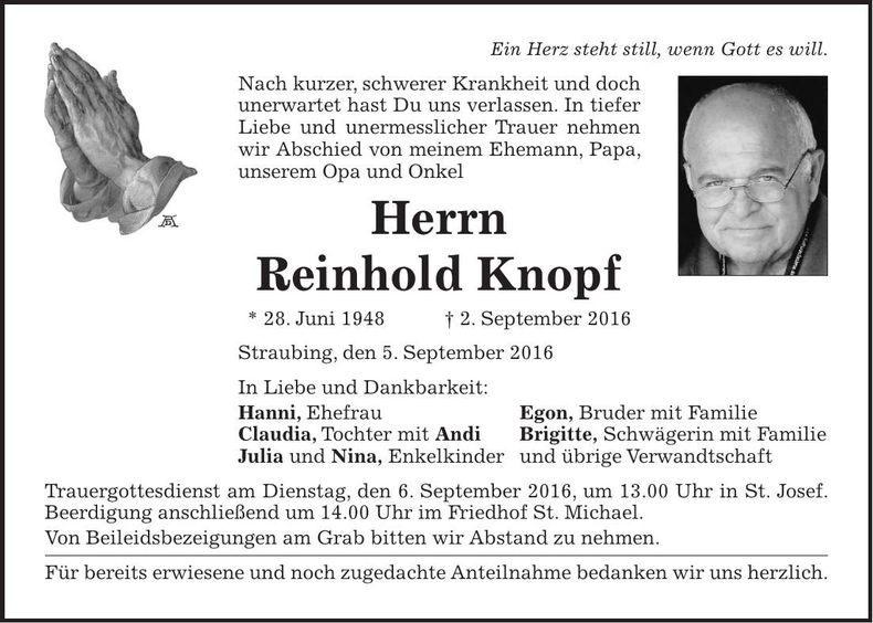 Traueranzeige Reinhold Knopf