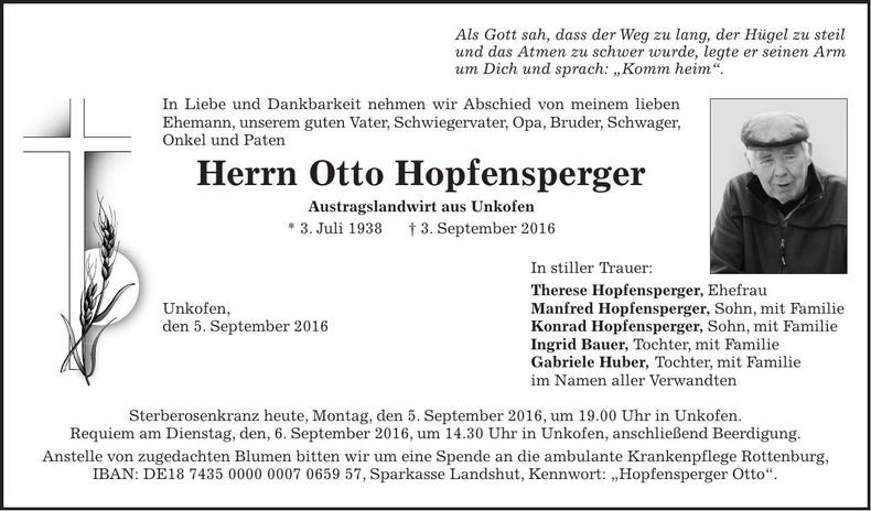 Traueranzeige Otto Hopfensperger