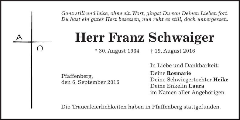 Traueranzeige Franz Schwaiger