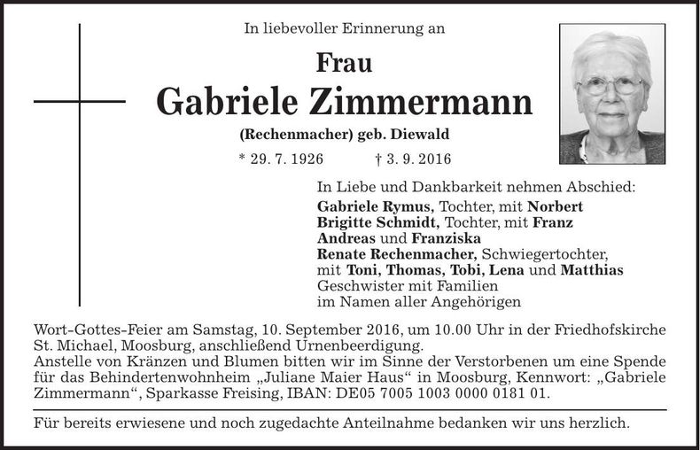 Traueranzeige Gabriele Zimmermann