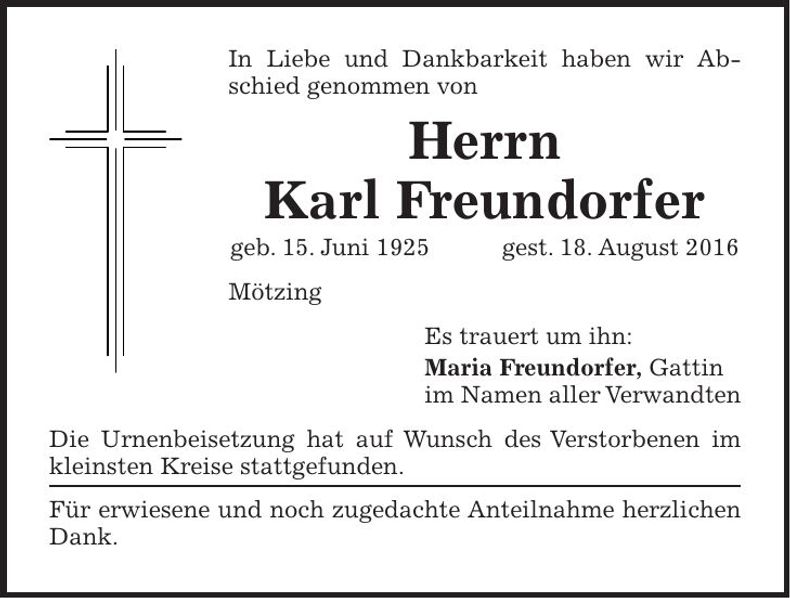 Traueranzeige Karl Freundorfer