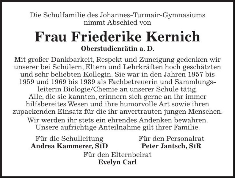 Traueranzeige Friederike Kernich